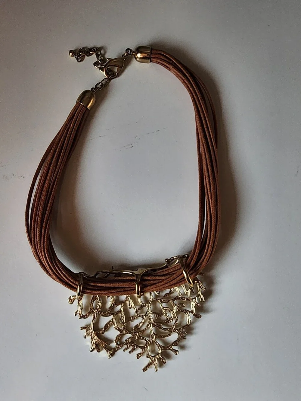 Statement Necklace Coral Branch Design  Gold Tone Multi Strand Cord Bold Boho